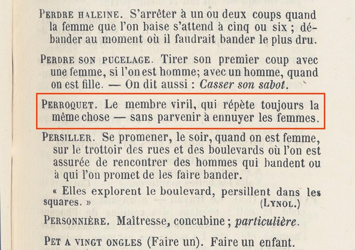 Alfred Delvau. Dictionnaire érotique moderne par un professeur de langue verte. (J. Gay) (Bruxelles) 1864. Bibliothèque nationale de France. p. 229. Переклад: “Папугою називають пеніс, який завжди повторює одне й те ж саме без найменшого остраху набриднути жінкам”